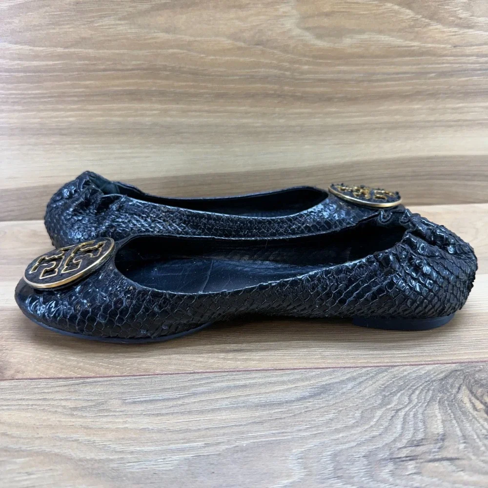 Tory Burch Reva Flats Black Womens 9 M Black Snake Embossed Gold Logo Office